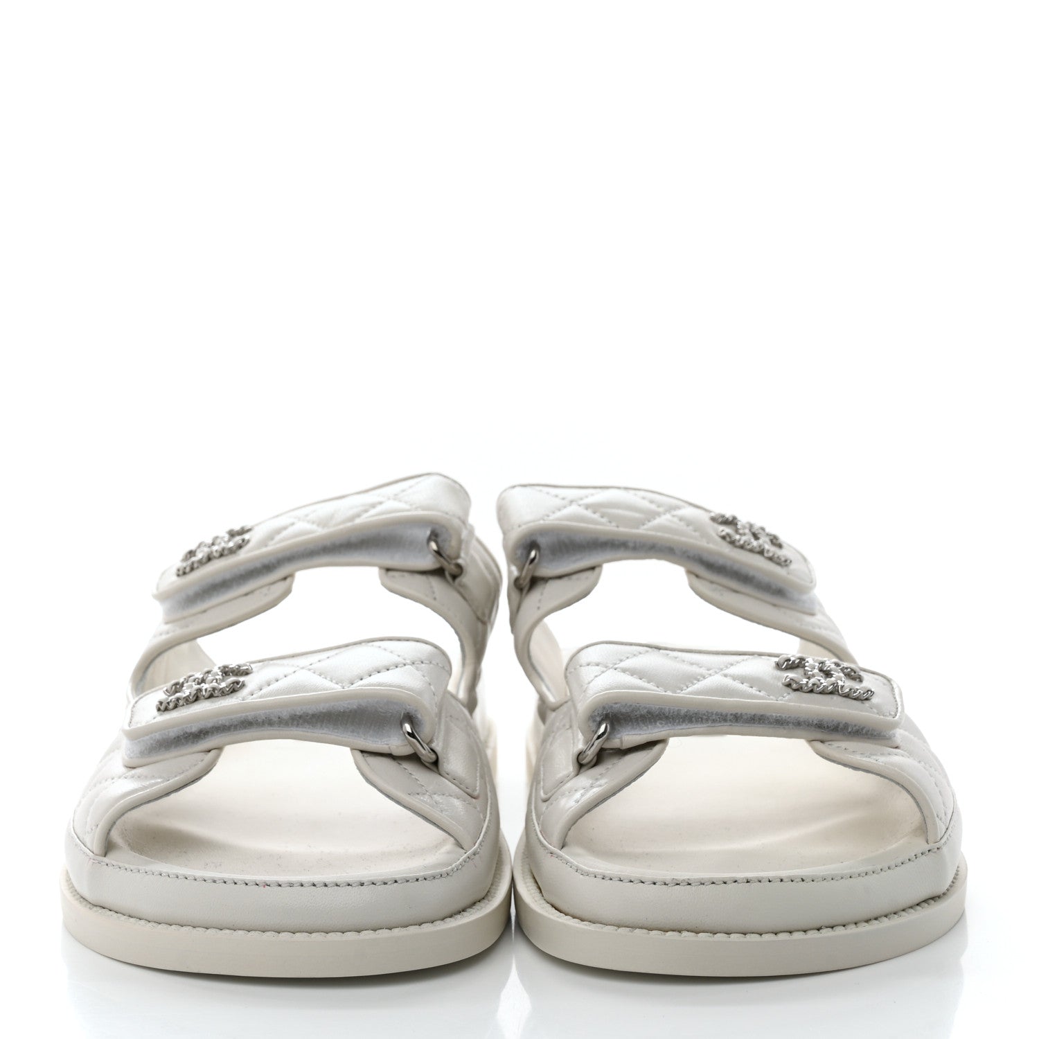 Chanel Laminated Lambskin Quilted Velcro Dad Chain CC Slide Sandals 40 White 2 of 8