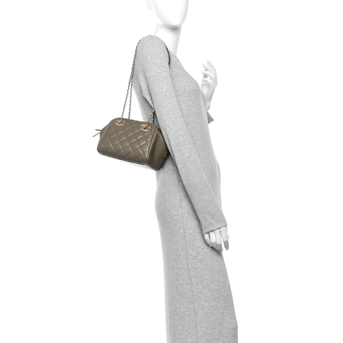 Lambskin Quilted Small CC Bowling Bag Dark Khaki