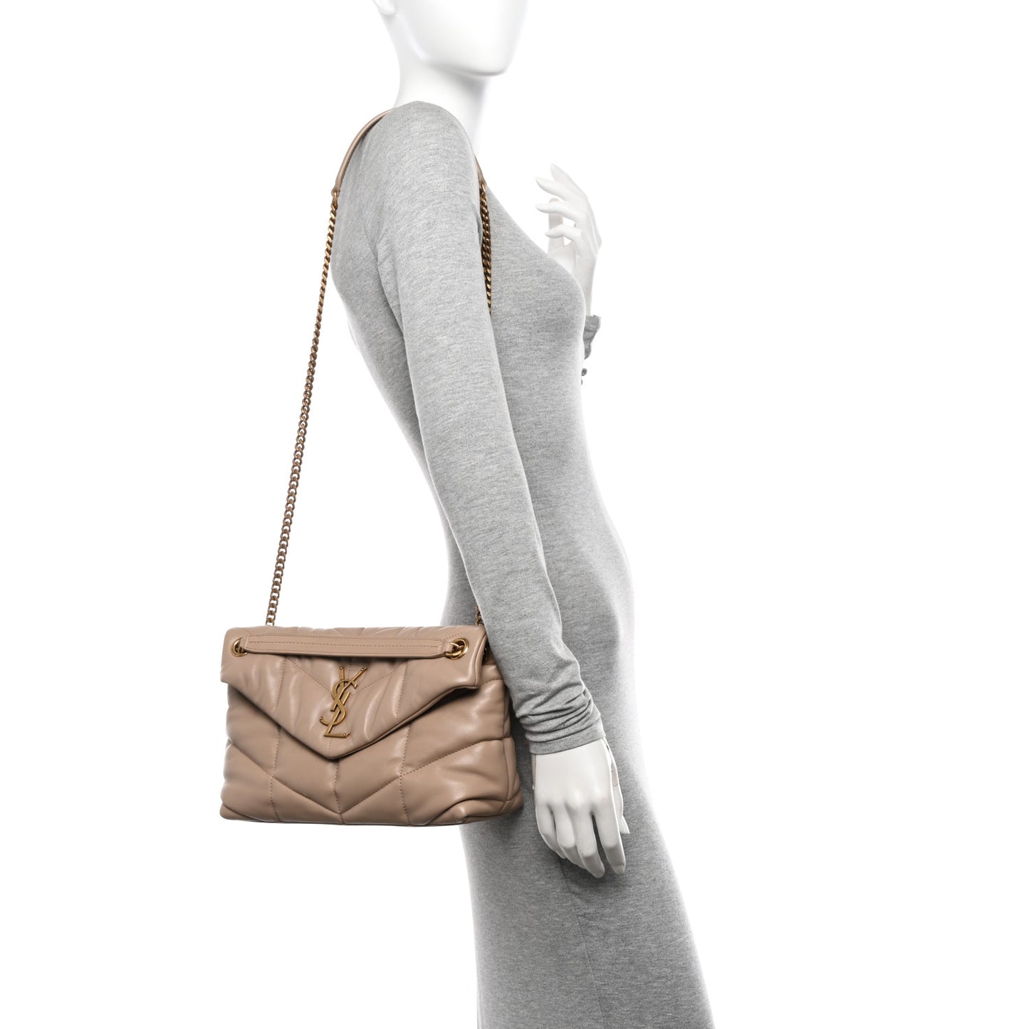 Lambskin Quilted Small Loulou Puffer Monogram Chain Satchel Dark Beige