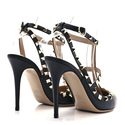Valentino Garavani Pebbled Calfskin Rockstud Ankle Strap 100mm Pumps 38.5 Black 4 of 7