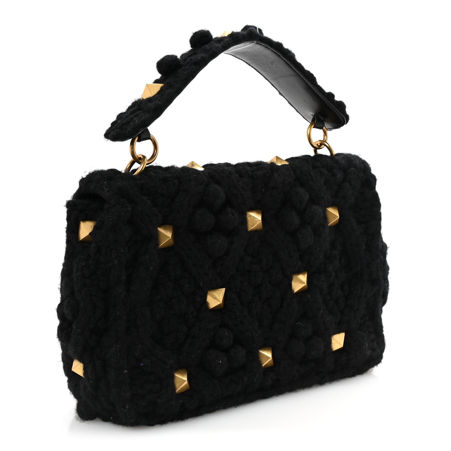 Valentino Garavani Cashmere Knit Large Roman Stud Shoulder Bag Black 3 of 9