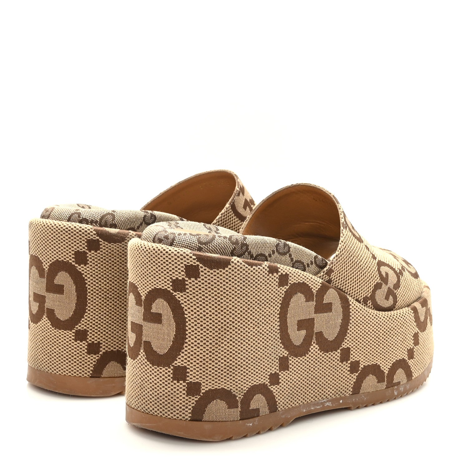 Gucci Monogram Jumbo GG Platform Slide Wedge Sandals 37.5 Camel Ebony 4 of 7