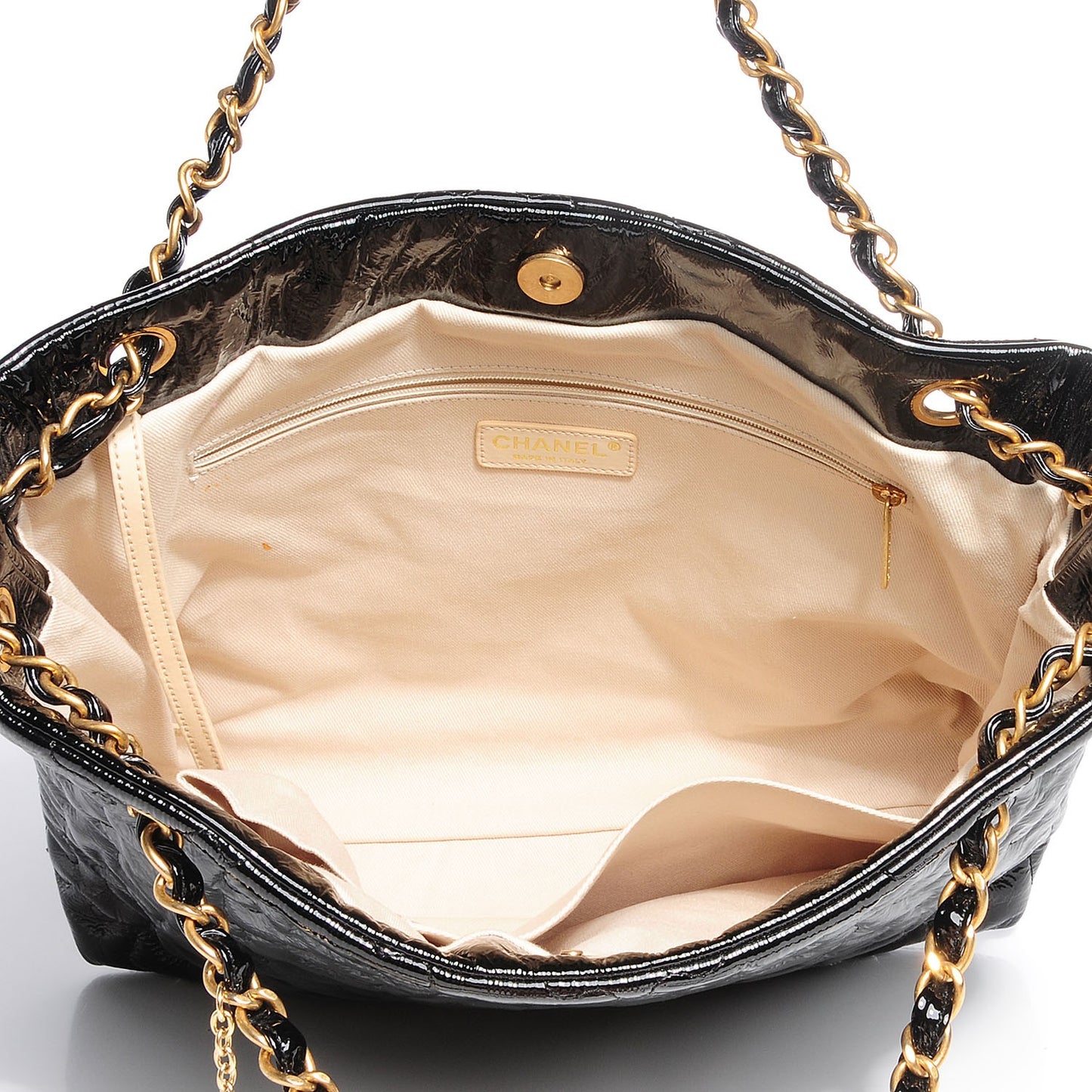 Crackled Patent Puzzle Tote Black