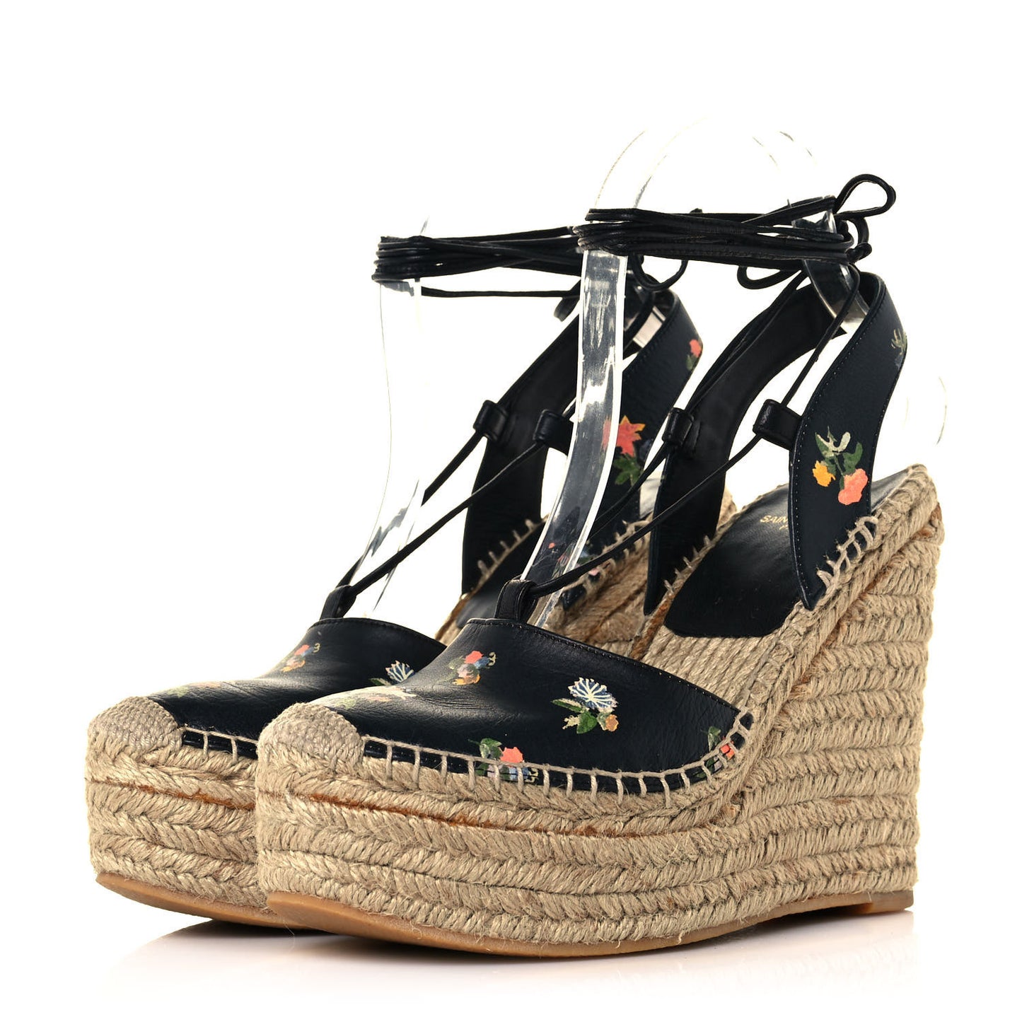 Floral Print Espadrille Lace-Up Wedges 37 Black