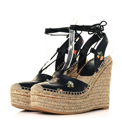 Saint Laurent Floral Print Espadrille Lace-Up Wedges 37 Black 3 of 10