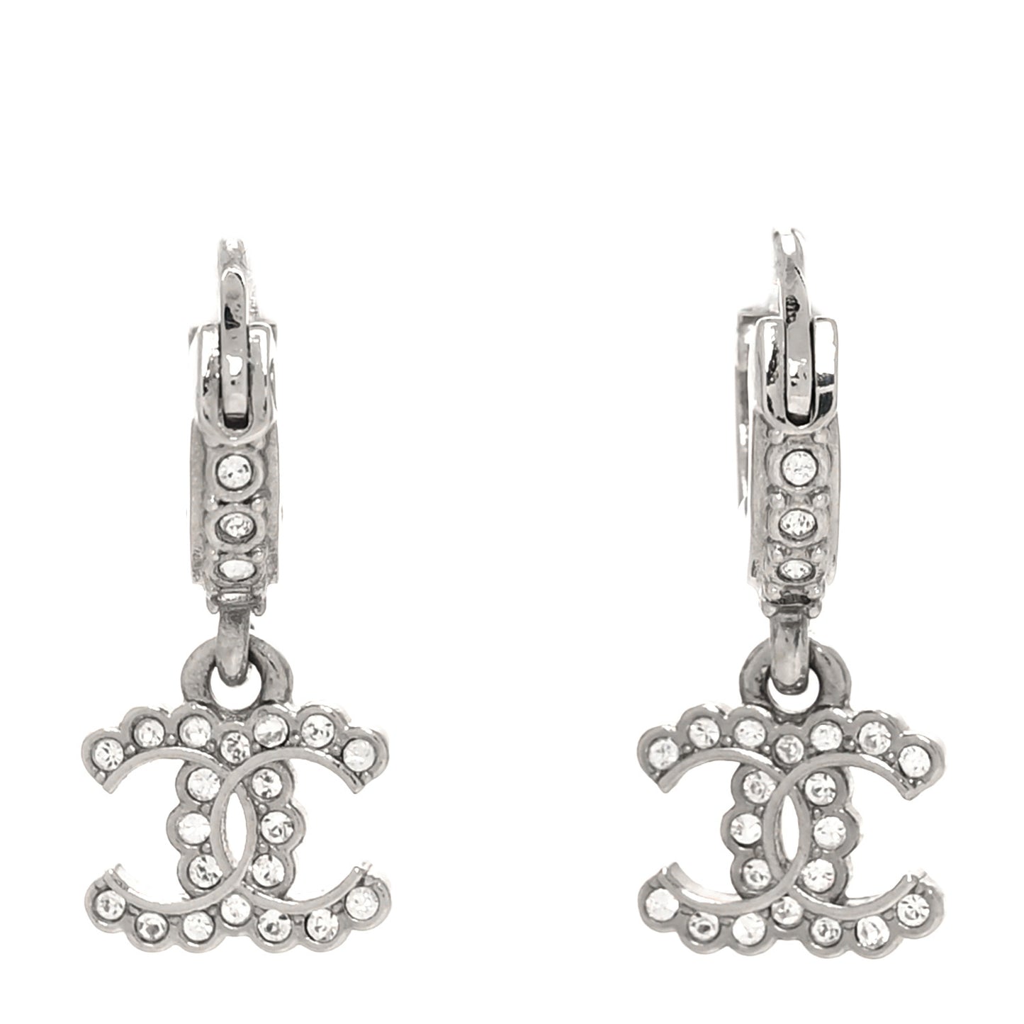 Metal Crystal CC Hoop Drop Earrings Silver