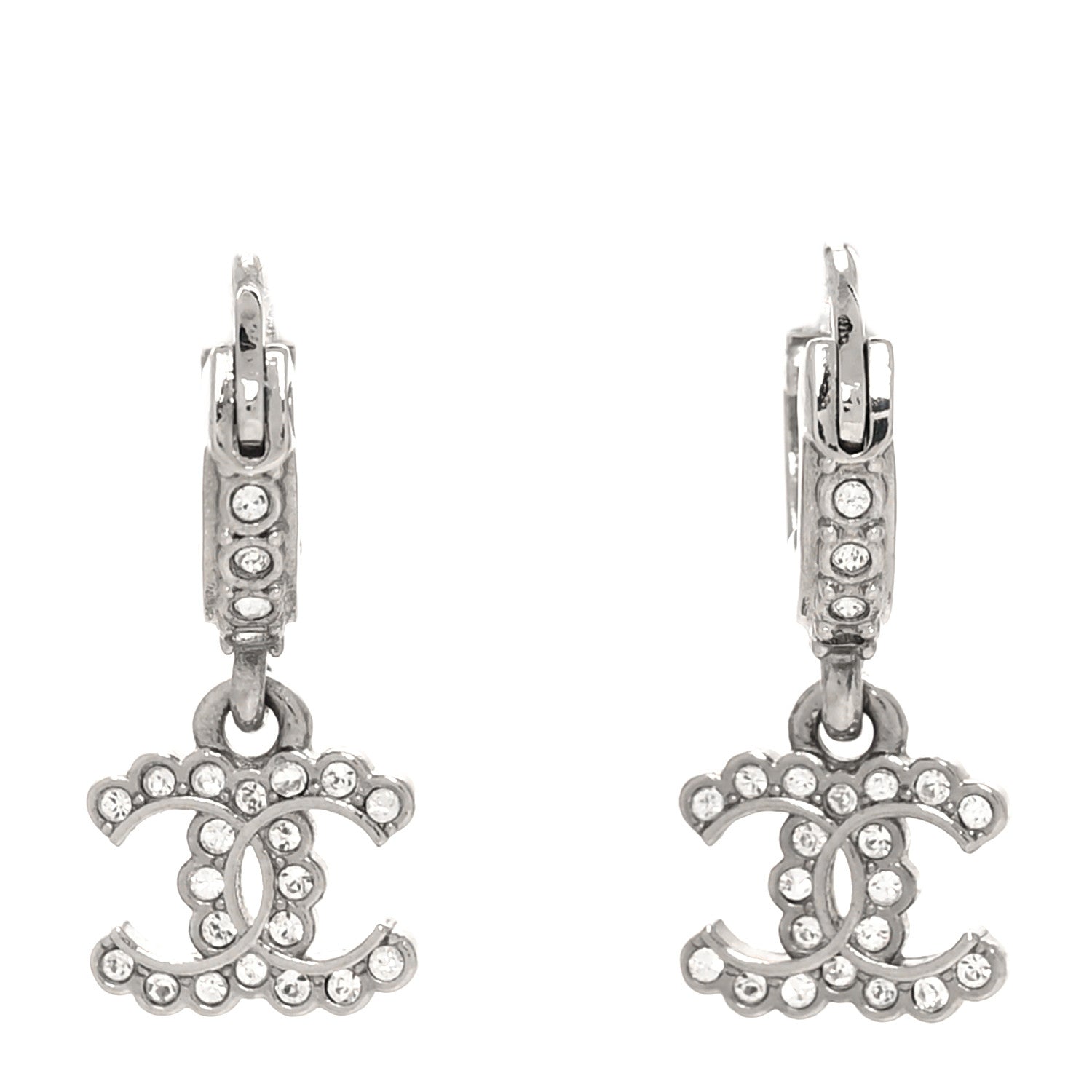 Chanel Metal Crystal CC Hoop Drop Earrings Silver 1 of 4