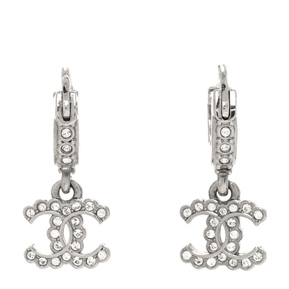 Chanel Metal Crystal CC Hoop Drop Earrings Silver 1 of 4