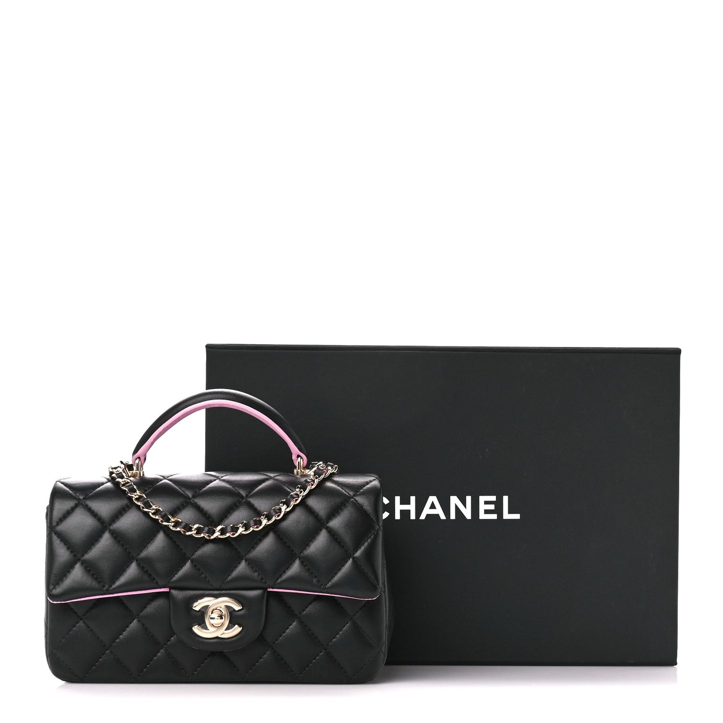 Lambskin Quilted Bi-Color Mini Top Handle Rectangular Flap Black Lilac