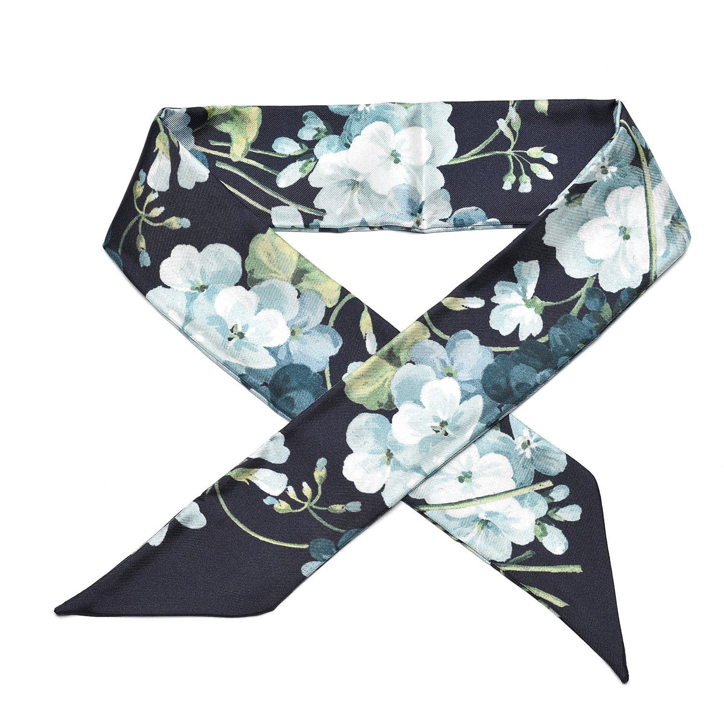 Silk Bloomy Print Neck Bow Scarf Midnight Blue