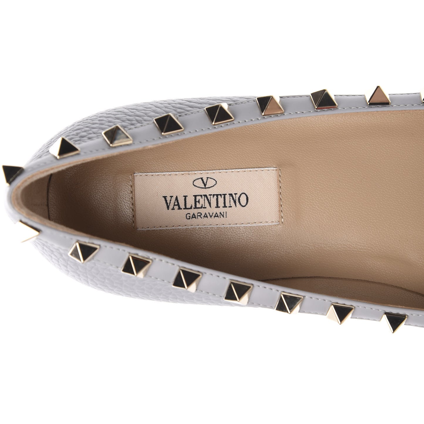 Pebbled Calfskin Rockstud Ballerina Flats 37.5 Pastel Grey