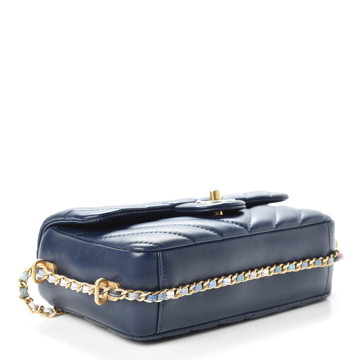 Chanel Lambskin Chevron Quilted Mini Chain Around Rectangular Flap Blue 4 of 10