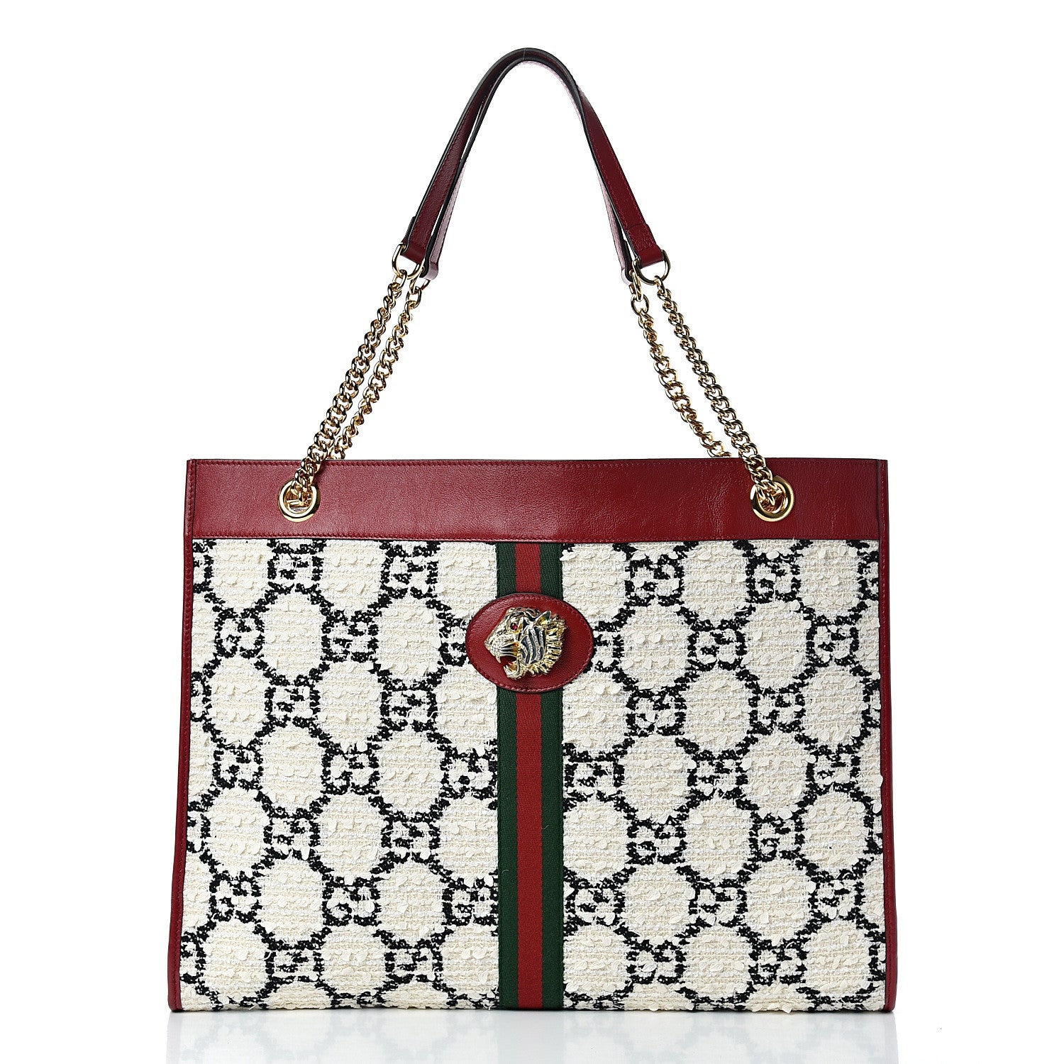 Gucci Tweed GG Monogram Large Rajah Chain Tote White Black Romantic Cherry 2 of 10