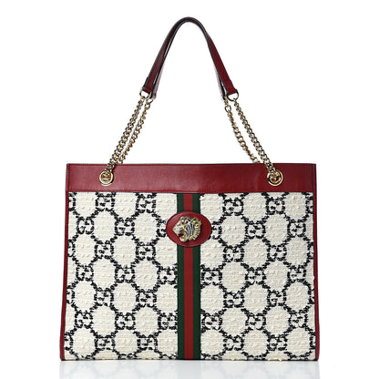 Gucci Tweed GG Monogram Large Rajah Chain Tote White Black Romantic Cherry 2 of 10