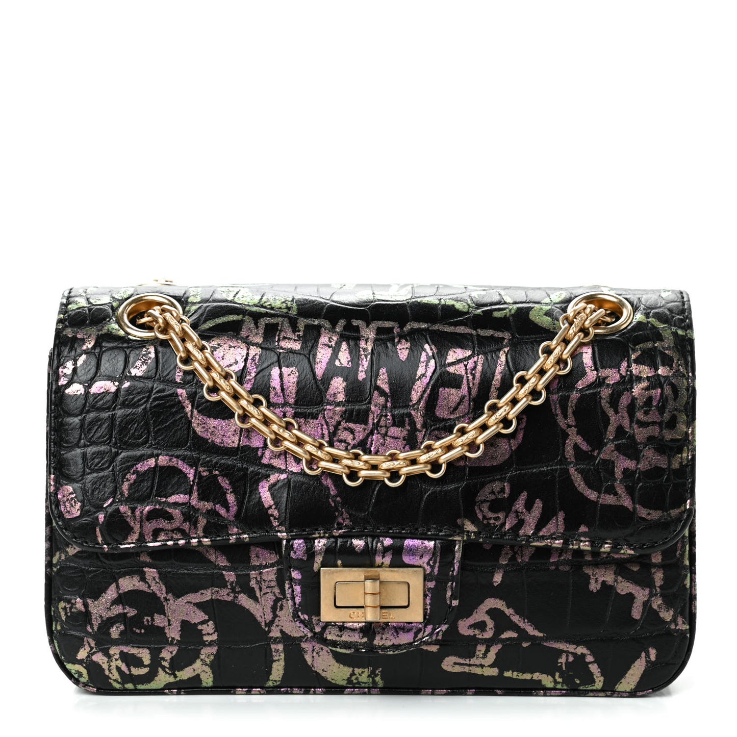 Calfskin Crocodile Embossed Graffiti 2.55 Mini Cocodile Reissue Flap Black Pink