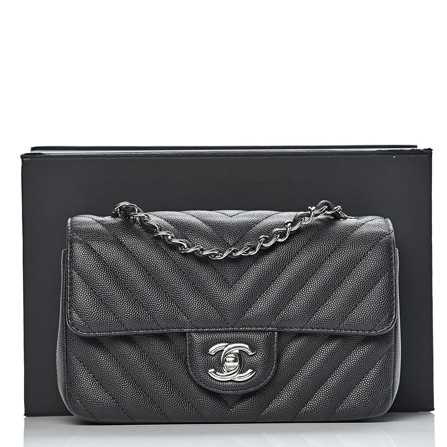 Caviar Chevron Quilted Mini Rectangular Flap Black