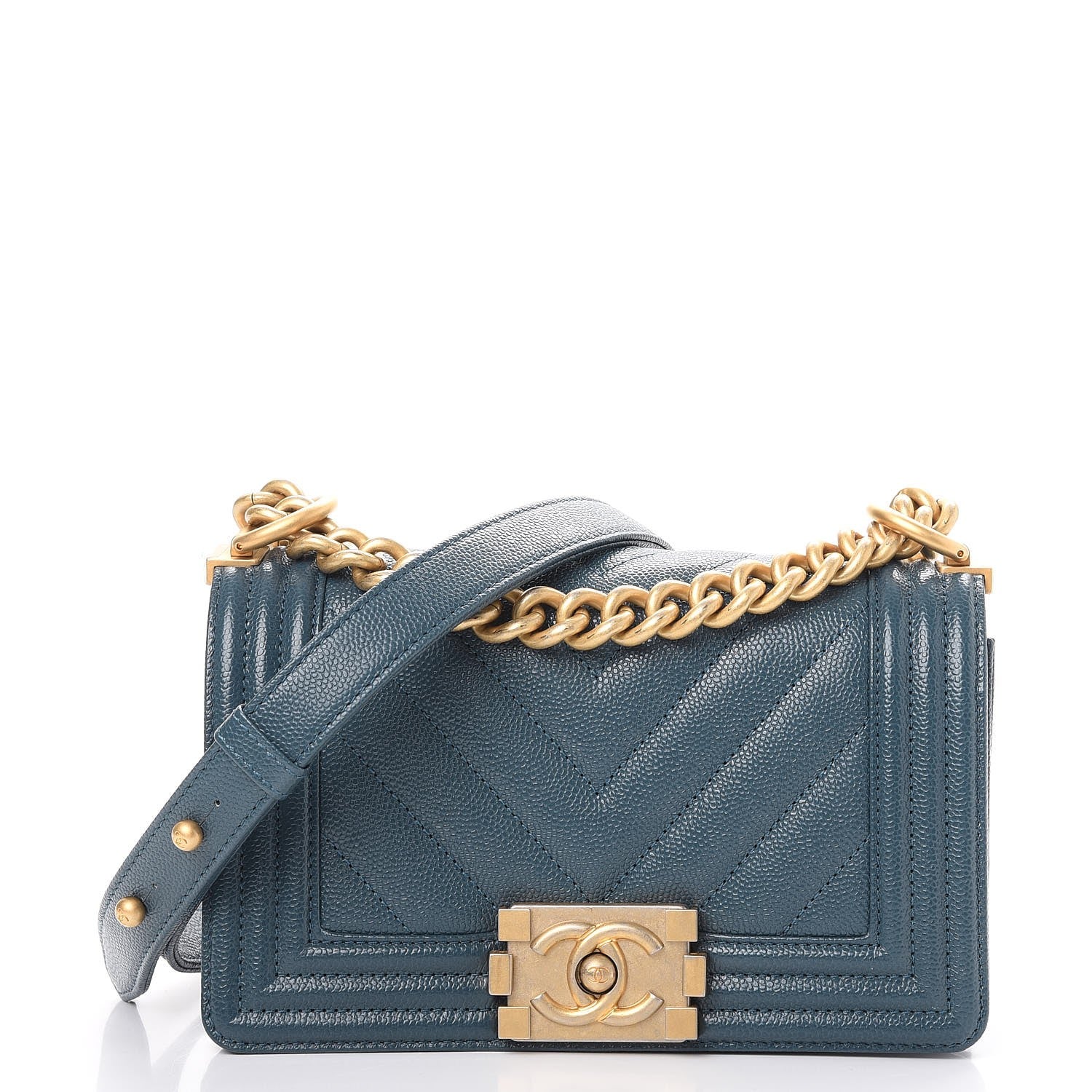 Chanel Caviar Chevron Quilted Small Boy Flap Blue 1 of 8