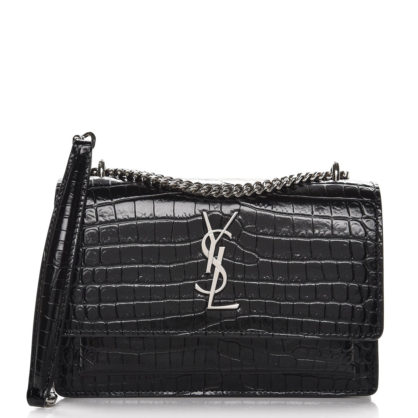 Calfskin Crocodile Embossed Monogram Sunset Chain Wallet Black