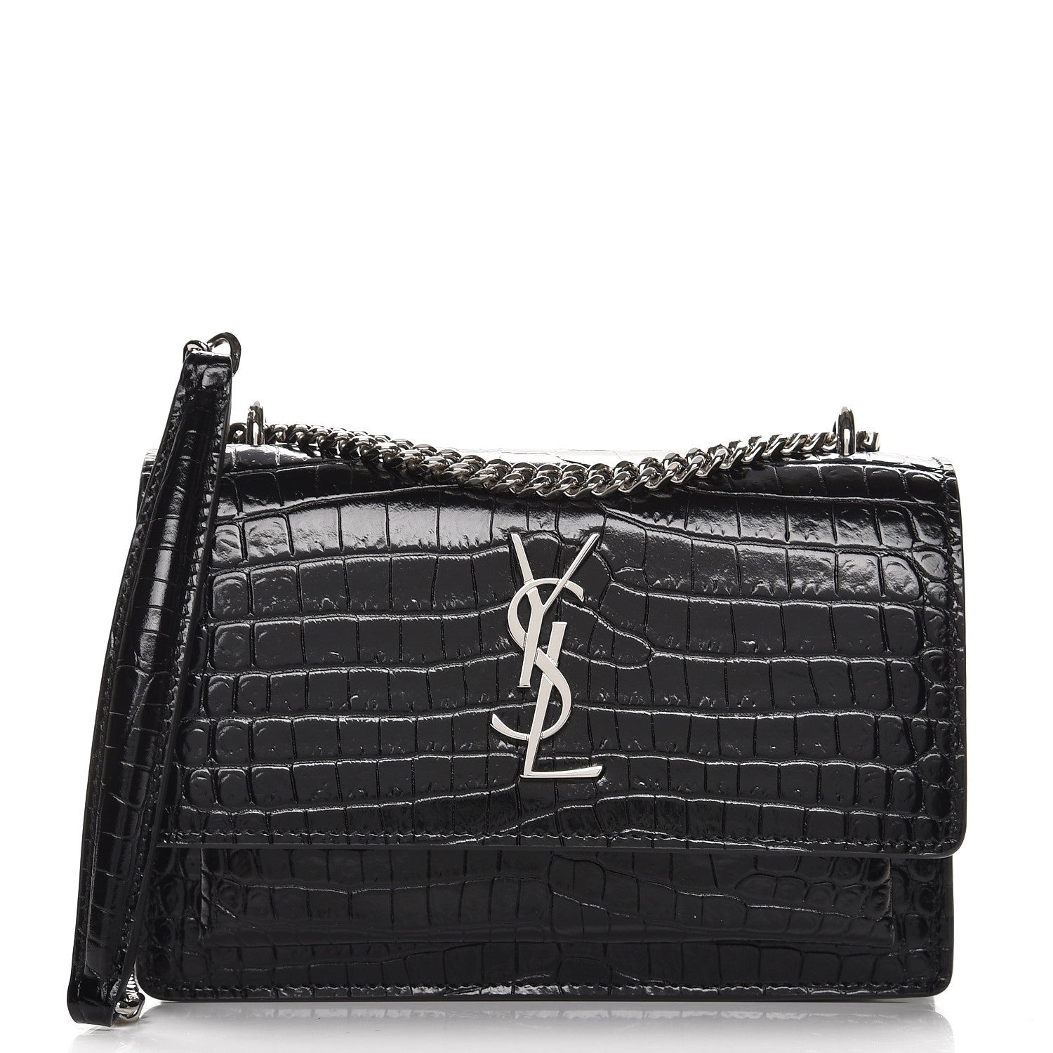 Saint Laurent Calfskin Crocodile Embossed Monogram Sunset Chain Wallet Black 1 of 6