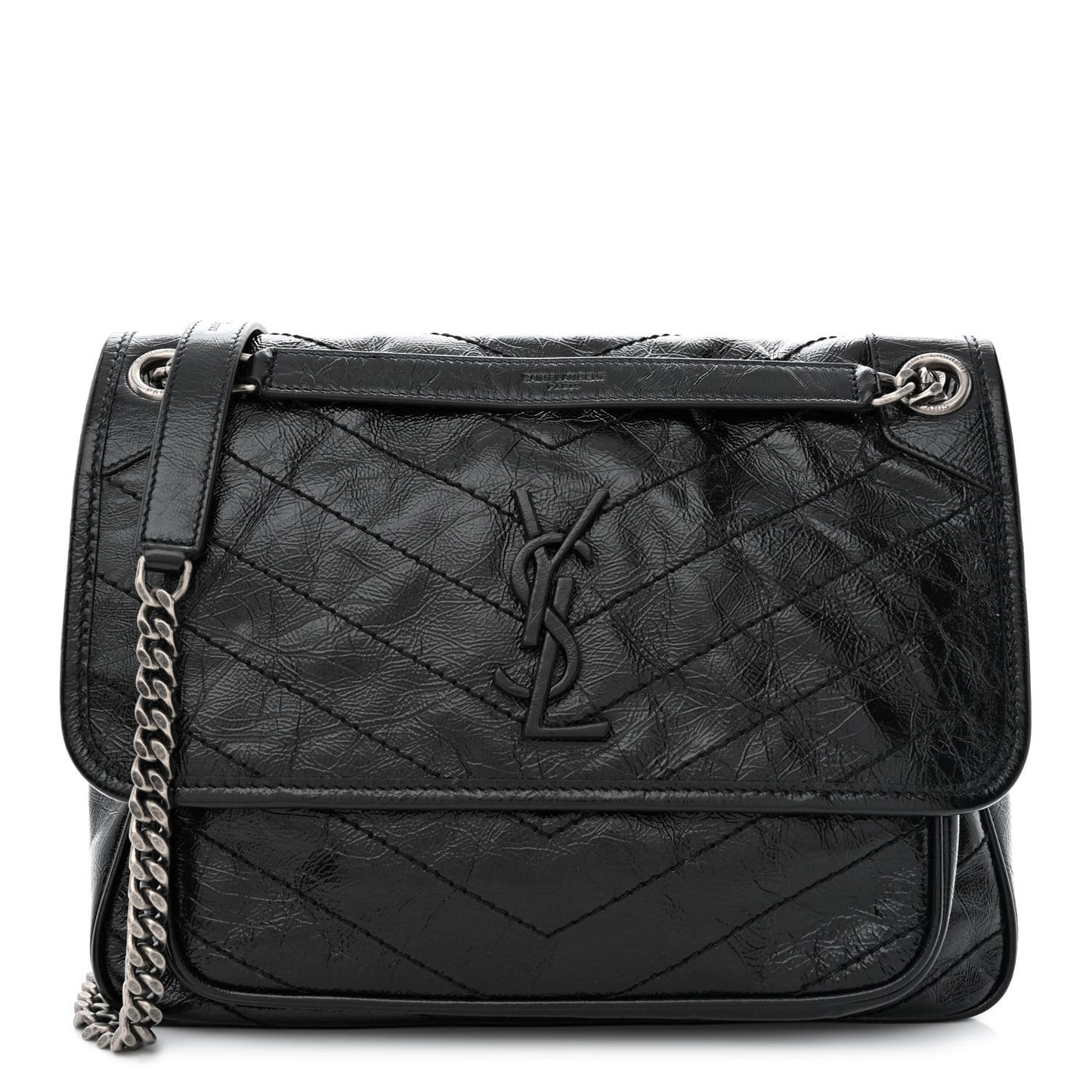 Crinkled Calfskin Matelasse Monogram Medium Niki Chain Satchel Black