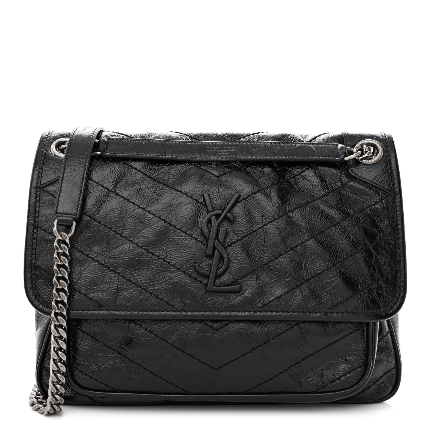 Saint Laurent Crinkled Calfskin Matelasse Monogram Medium Niki Chain Satchel Black 1 of 10