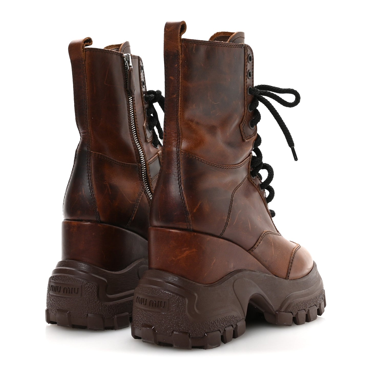 Distressed Calfskin Platform Wedge Lace Up Combat Boots 38 Brown