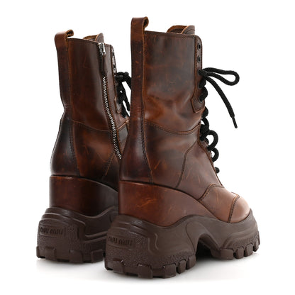 Miu Miu Distressed Calfskin Platform Wedge Lace Up Combat Boots 38 Brown 5 of 8