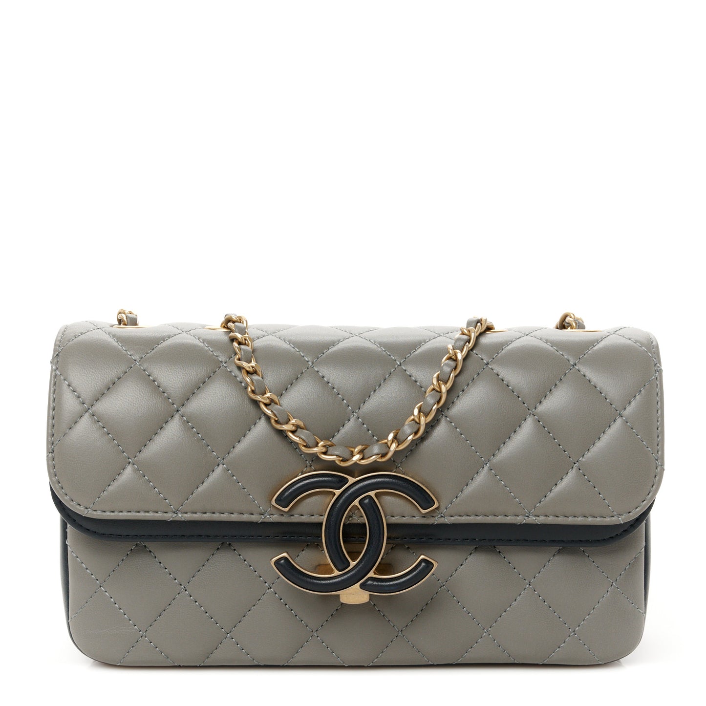 Lambskin Quilted Small CC Chic Flap Grey Dark Navy