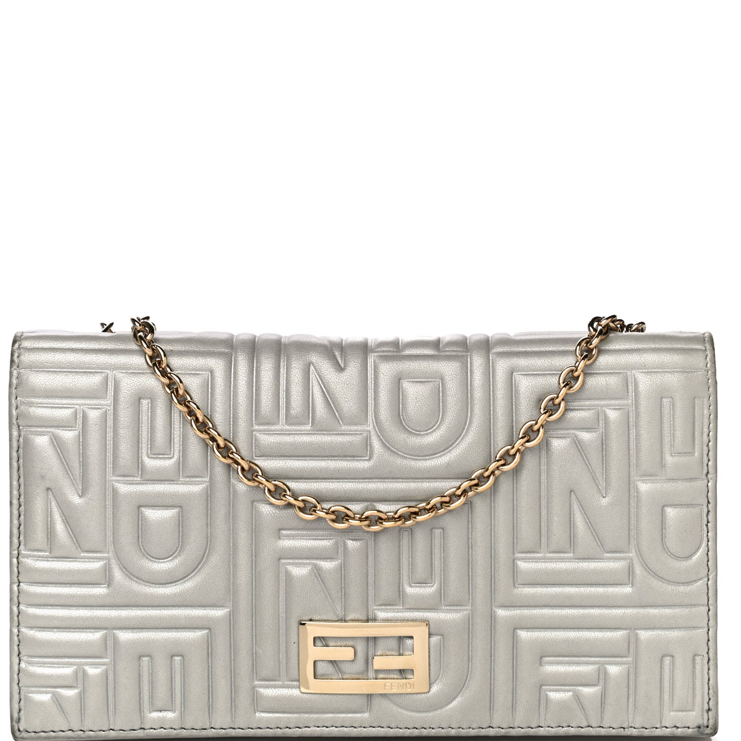 Metallic Nappa Logo Embossed Long Wallet On Chain Silver