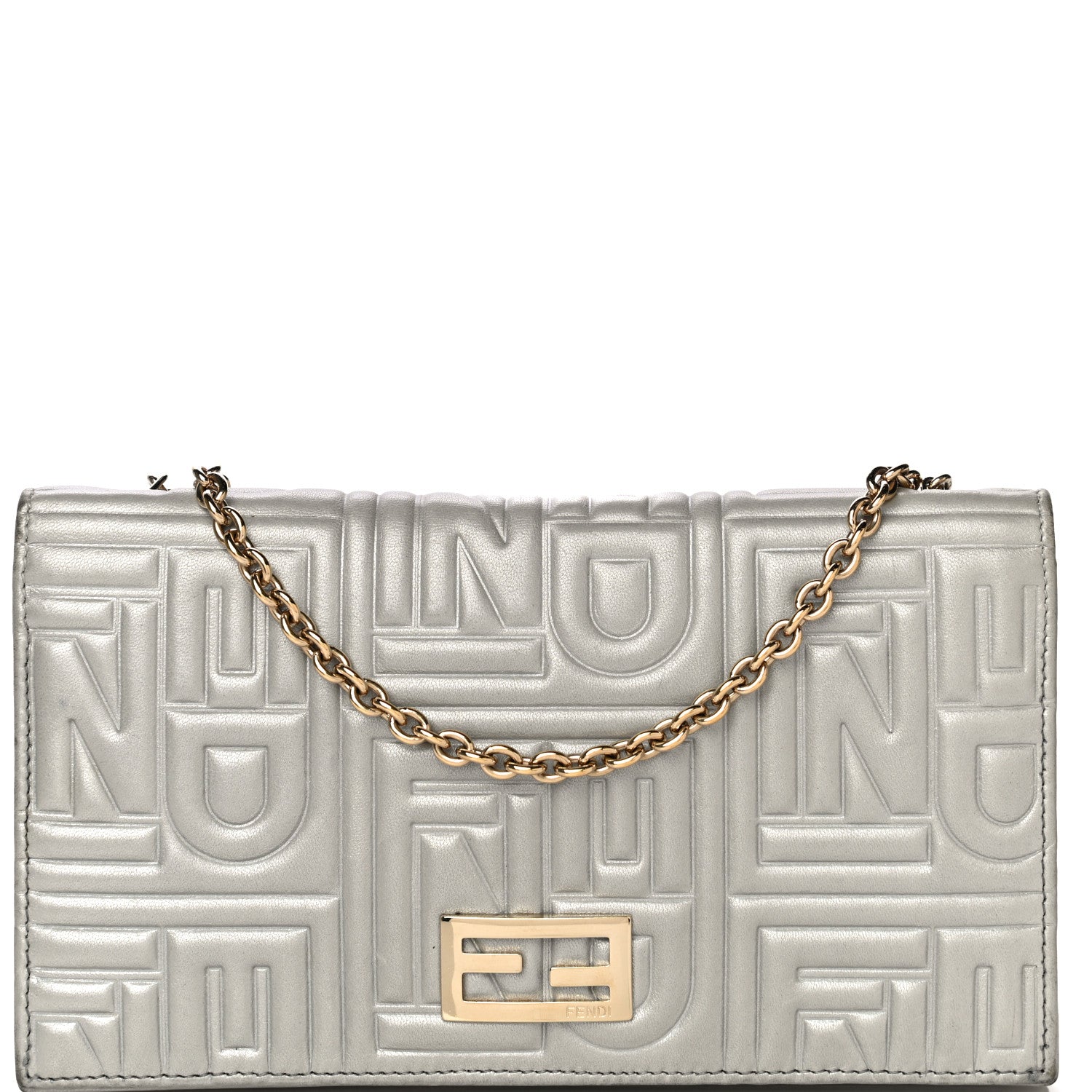 Fendi Metallic Nappa Logo Embossed Long Wallet On Chain Silver 11 of 26