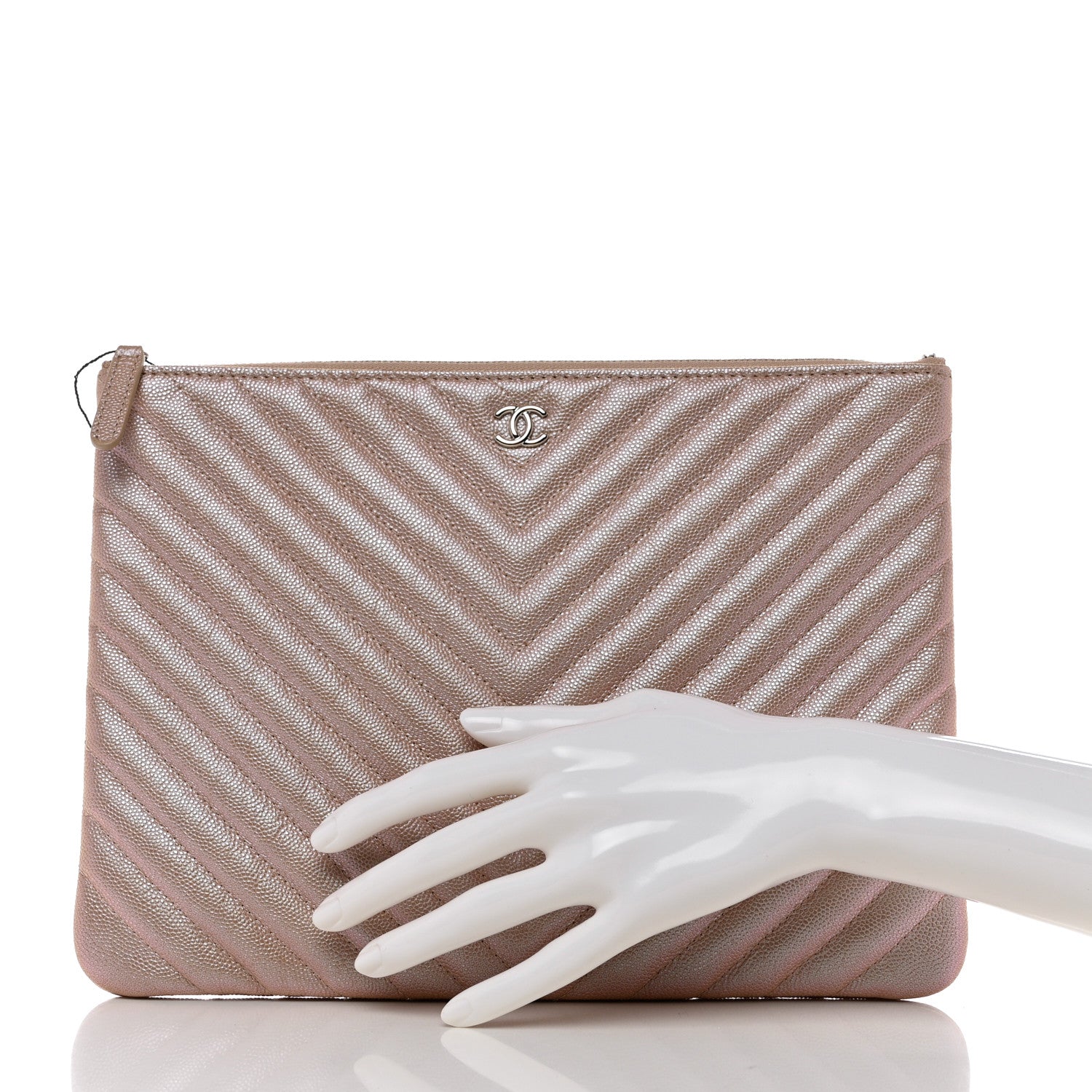 Chanel Iridescent Caviar Chevron Quilted Medium Cosmetic Case Light Gold 2 of 8