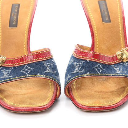 Louis Vuitton Denim Monogram Mules Peep Toe Heels 37 Blue Red 11 of 12