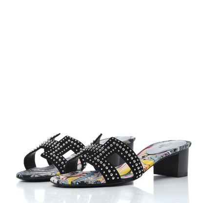 Hermes Suede Goatskin Studded Oasis Sandals 35.5 Black 3 of 12