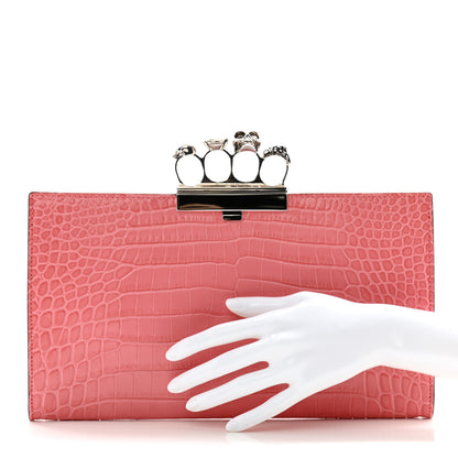 Alexander McQueen Calfskin Crocodile Embossed Knuckle Flat Clutch Coral 2 of 9