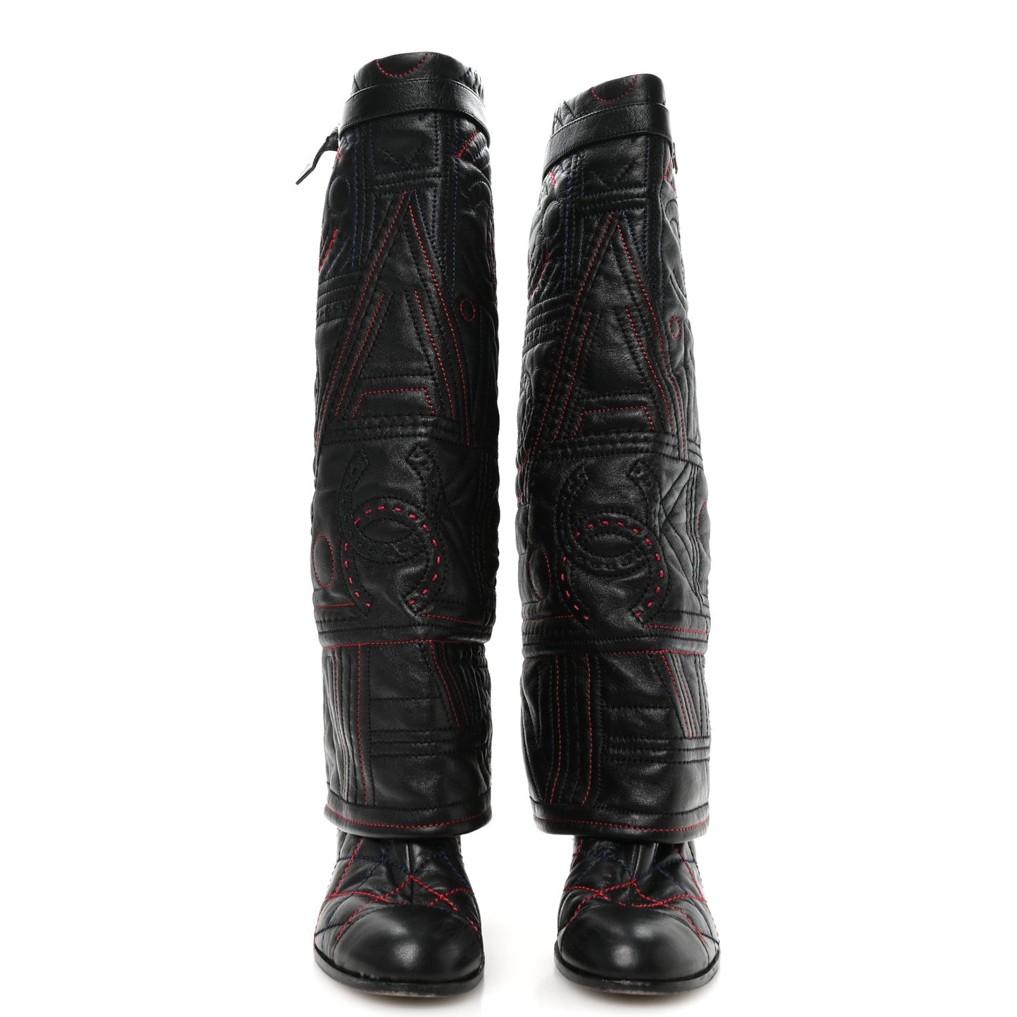 Lambskin Stitched Logo Fold Over High Boots 41 Black