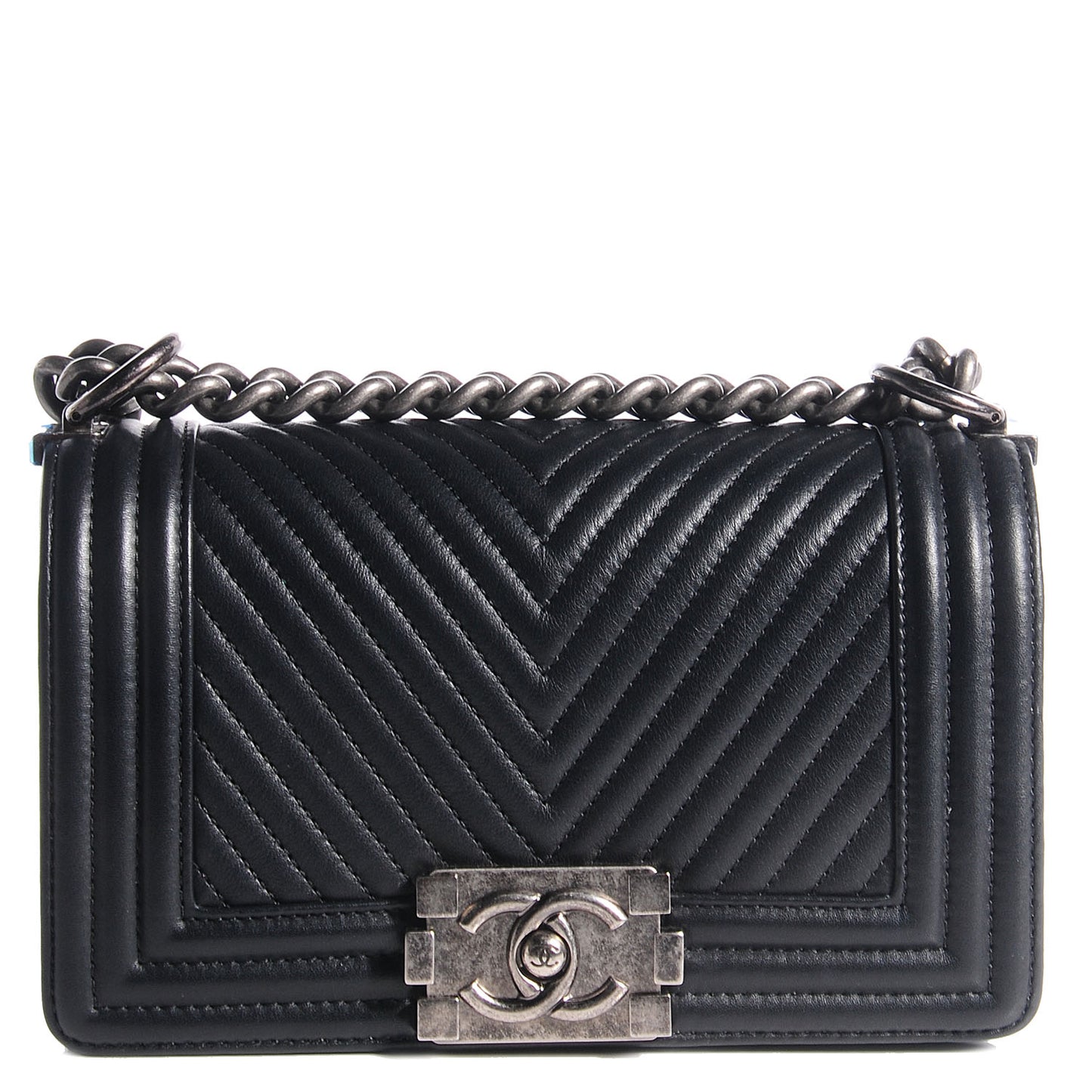 Calfskin Chevron Quilted Small Boy Flap Black