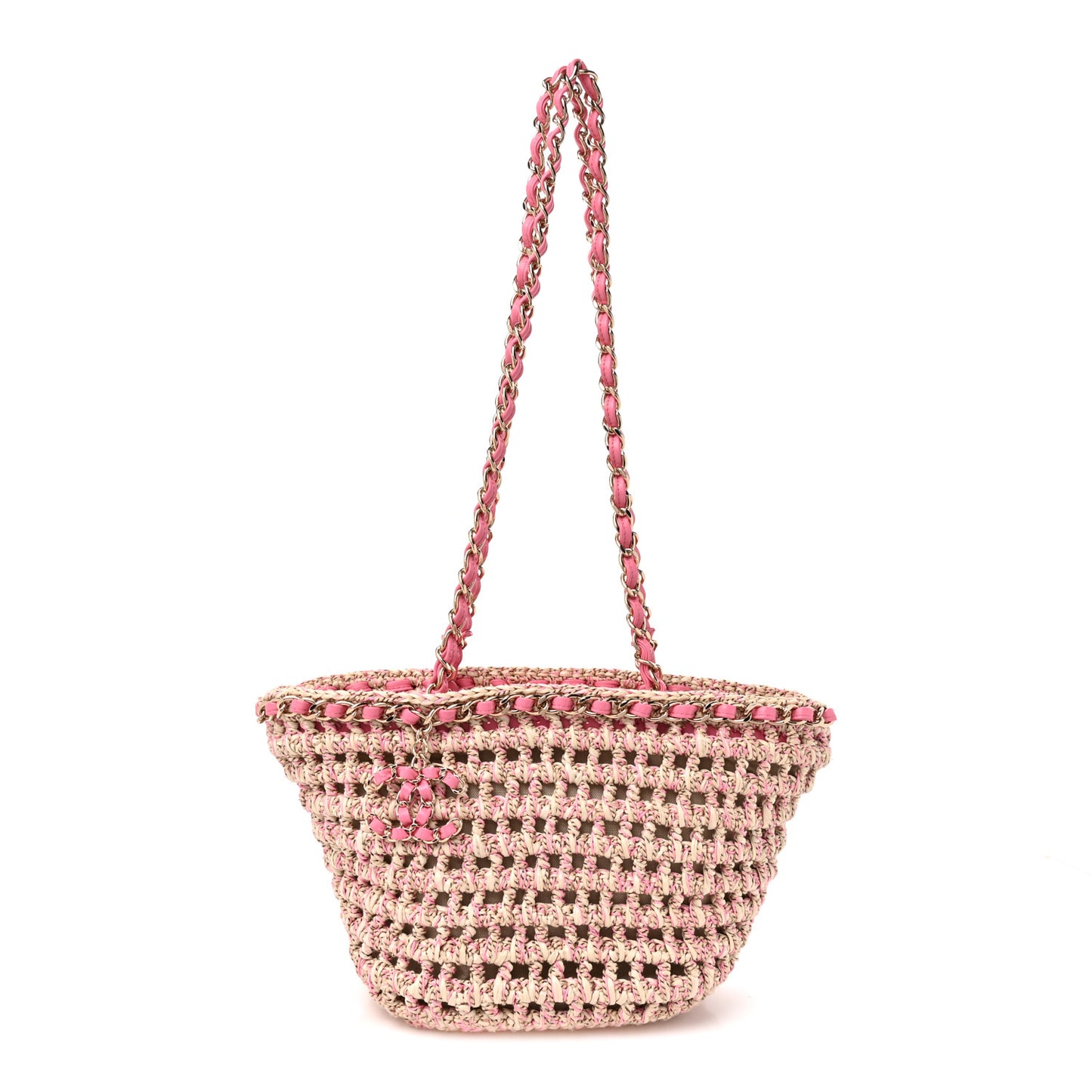 Mixed Fibers Calfskin Crochet Small Shopping Bag Beige Pink