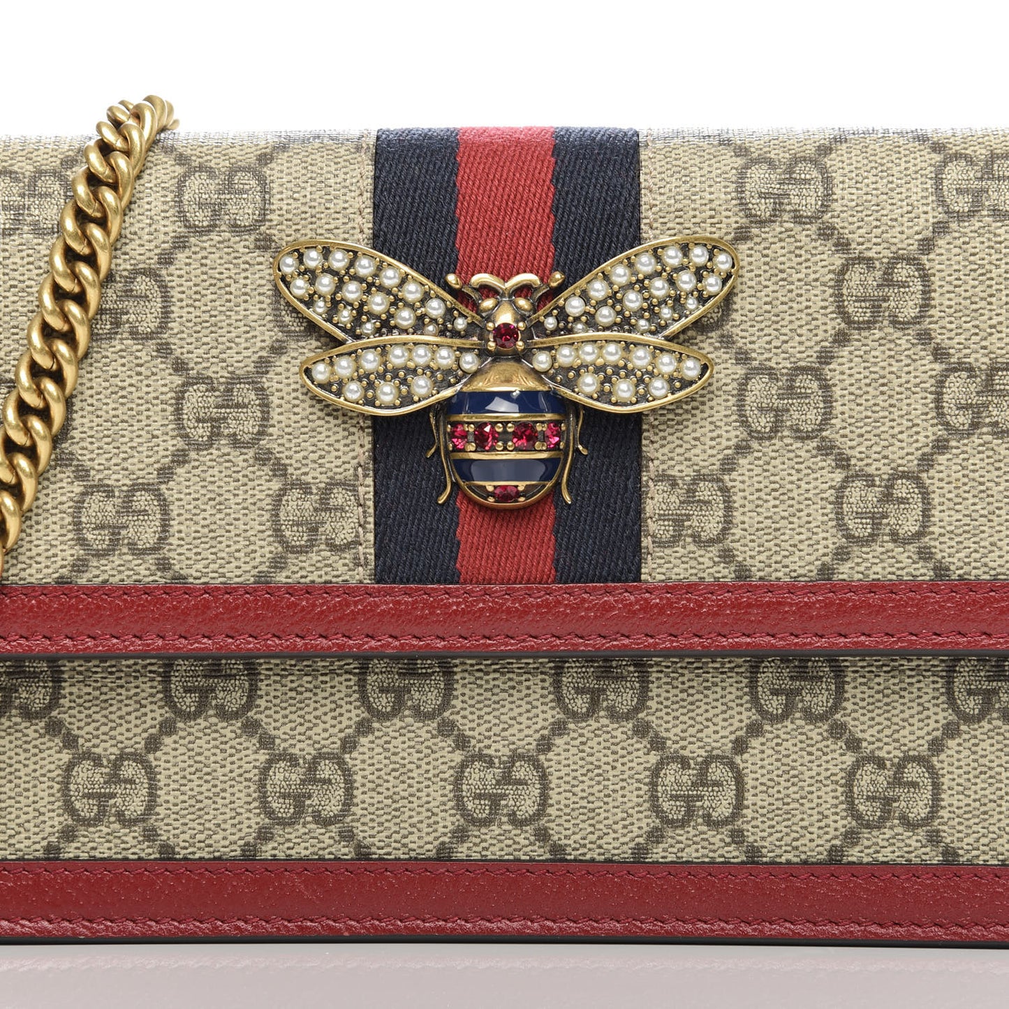 GG Supreme Monogram Web Queen Margaret Chain Wallet Red