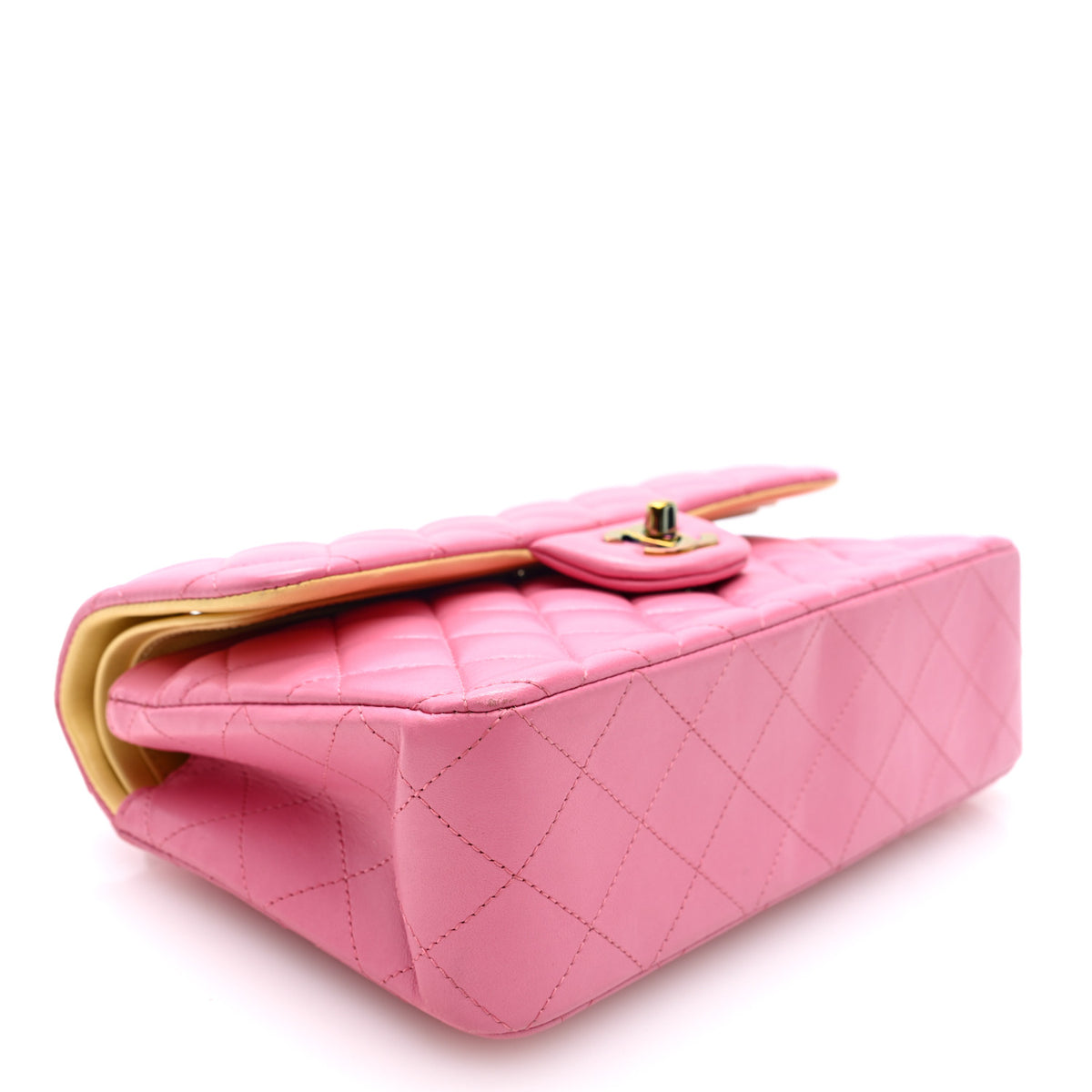Lambskin Quilted Small Double Flap Pink Yellow