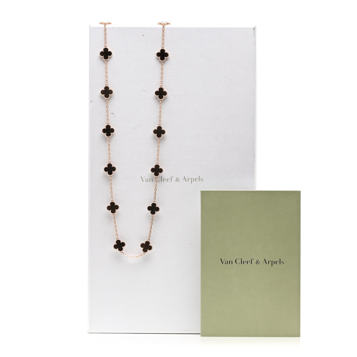 18K Rose Gold Silver Obsidian 20 Motifs Vintage Alhambra Necklace