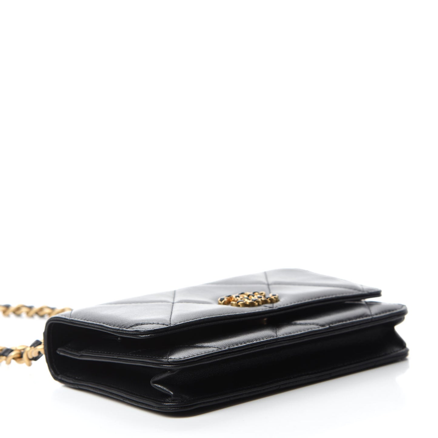 Shiny Goatskin Quilted Chanel 19 Wallet On Chain WOC Black