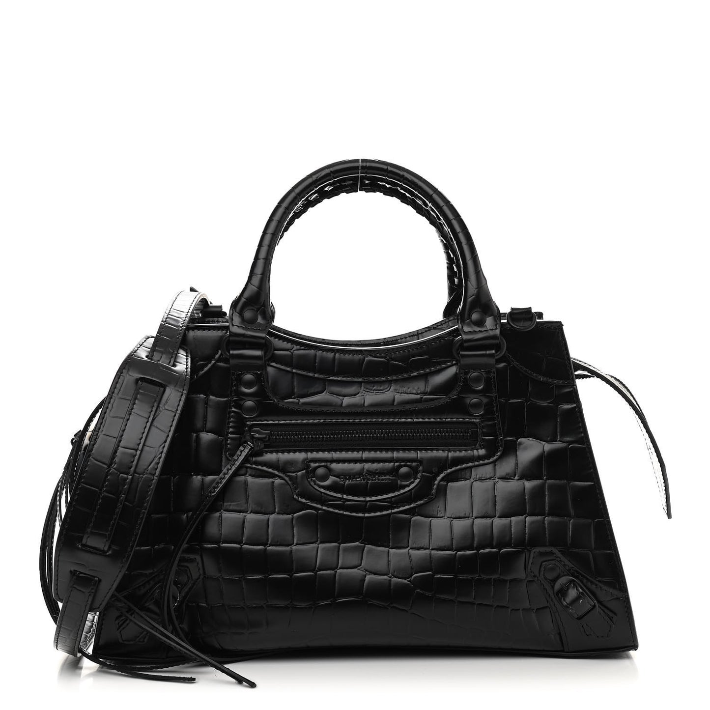 Semi Shiny Calfskin Crocodile Embossed Neo Classic Black Hardware S City Black