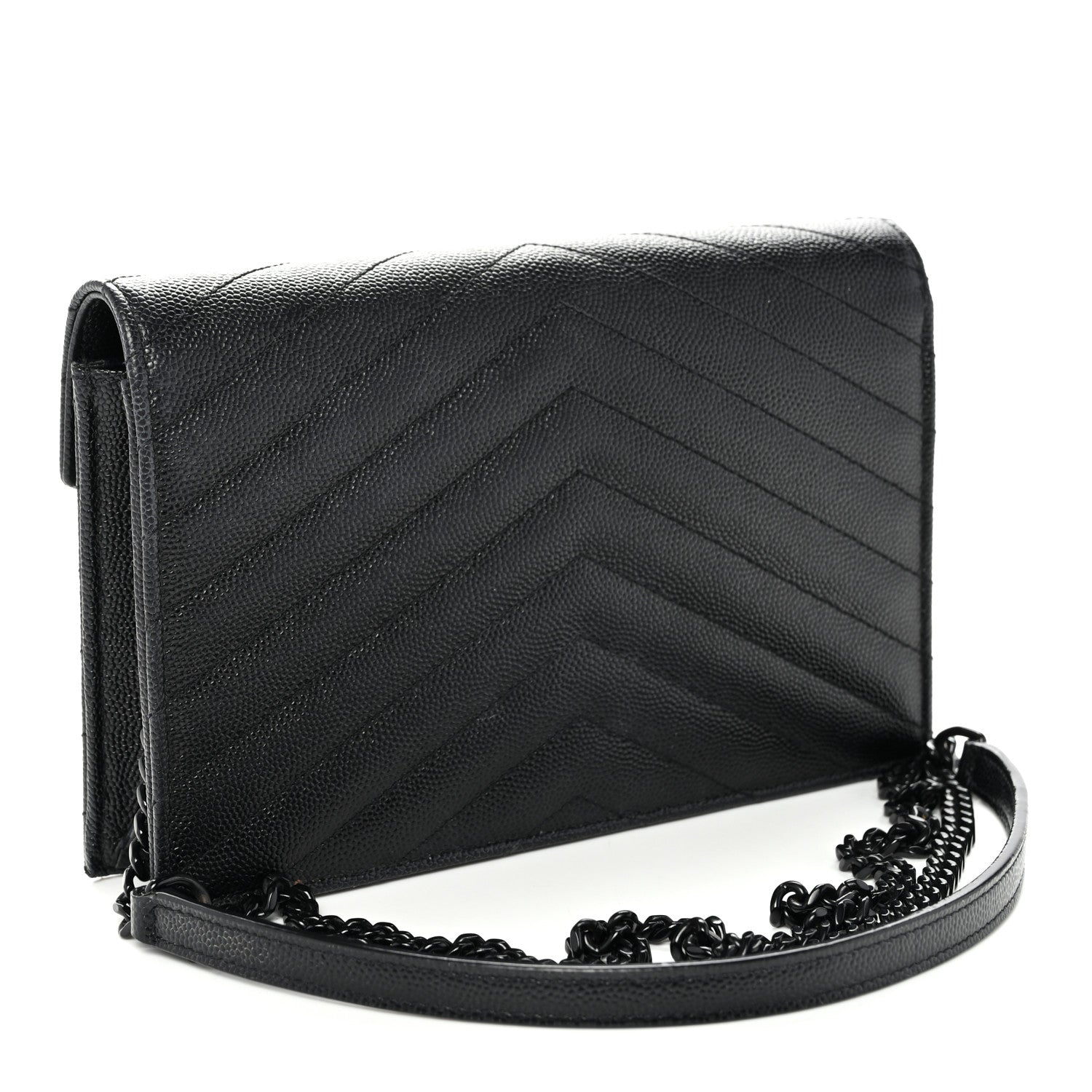 Saint Laurent Grain De Poudre Matelasse Chevron Monogram Monochrome Envelope Chain Wallet Black 3 of 9