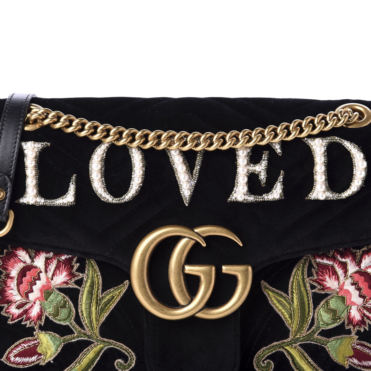Velvet Matelasse Loved Embroidered Medium GG Marmont Shoulder Bag Black