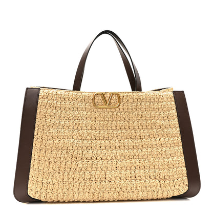 Valentino Garavani Raffia Calfskin Vlogo Tote Naturale Fondant 1 of 9