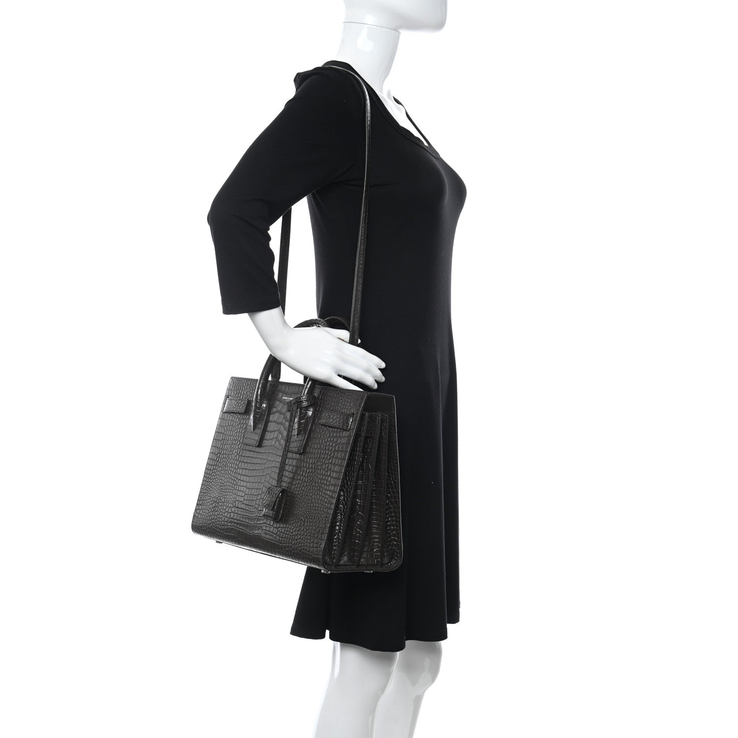 Saint Laurent Calfskin Crocodile Embossed Small Sac De Jour Brown 2 of 10