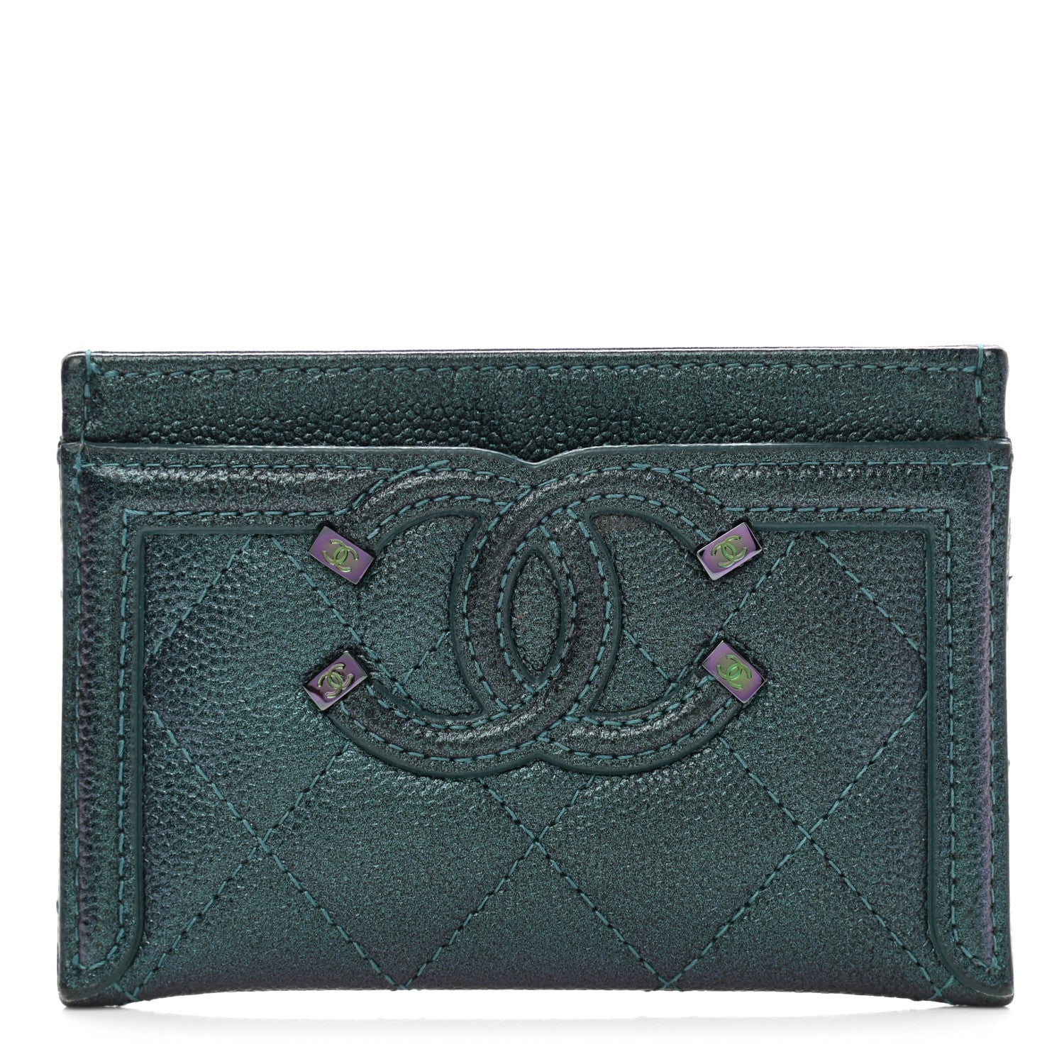 Chanel Iridescent Caviar Quilted Filigree Card Holder Dark Turquoise 1 of 8