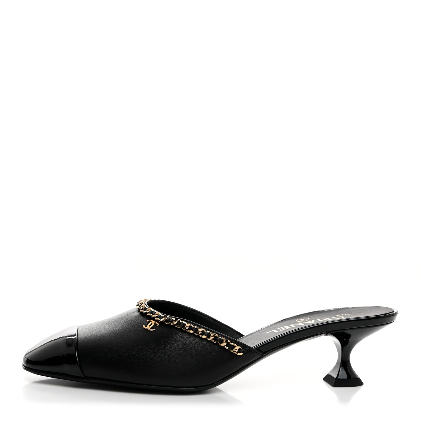 Lambskin Patent Cap Toe Chain Mule 39.5 Black