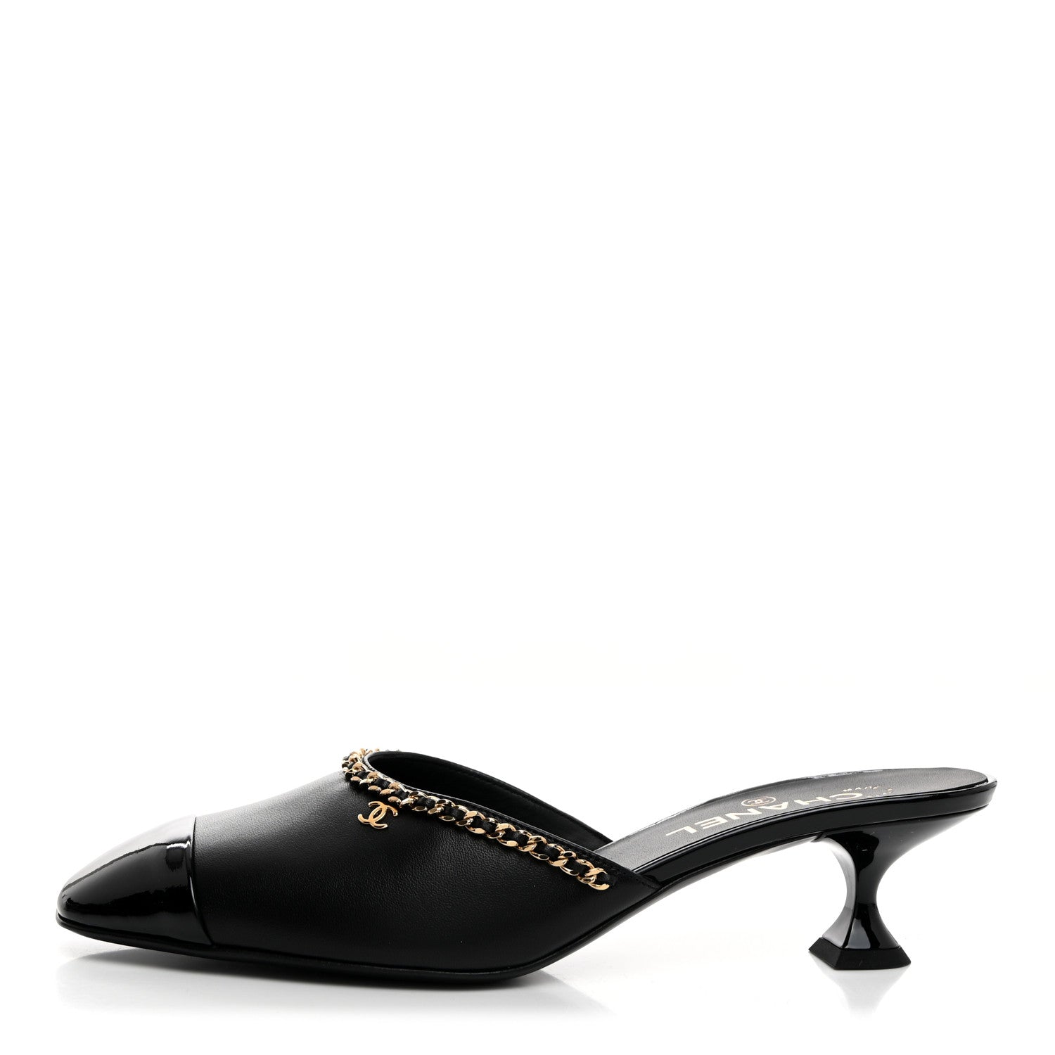 Chanel Lambskin Patent Cap Toe Chain Mule 39.5 Black 1 of 9