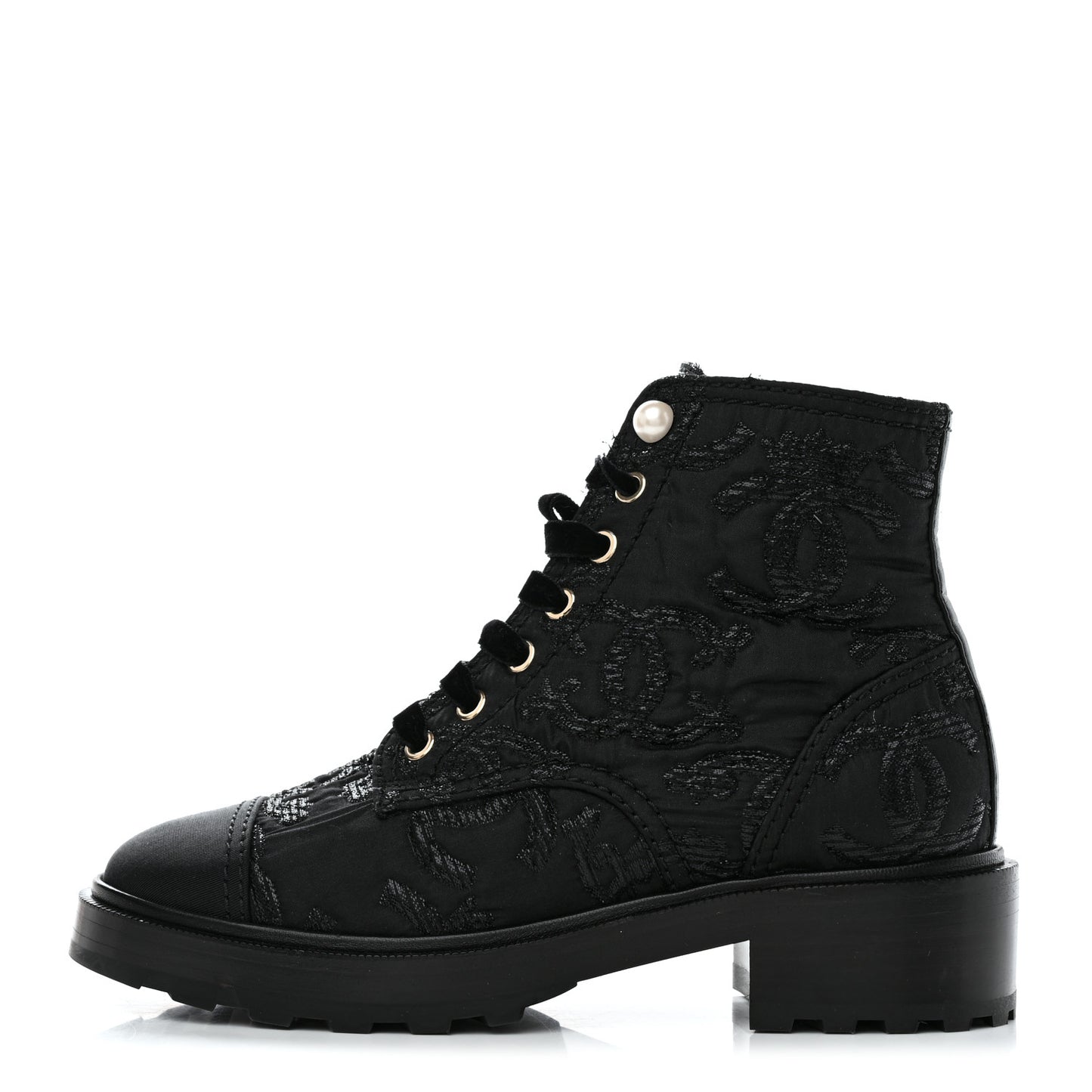 Tweed Grosgrain CC Combat Short Boots 38.5 Black